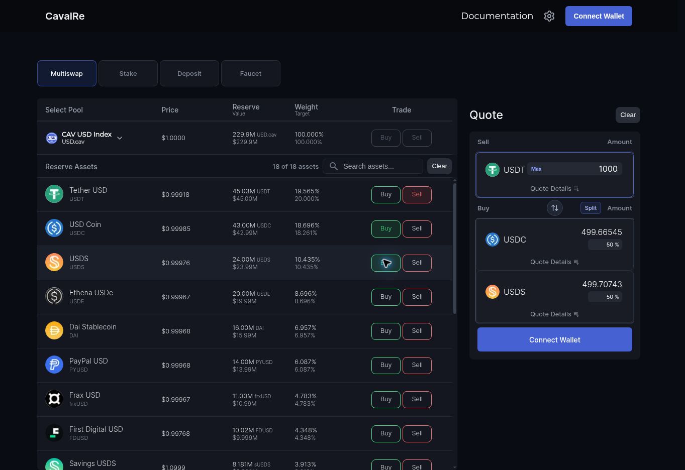 A basket trade selling 1,000 USDT for an even split of USDC and USDS