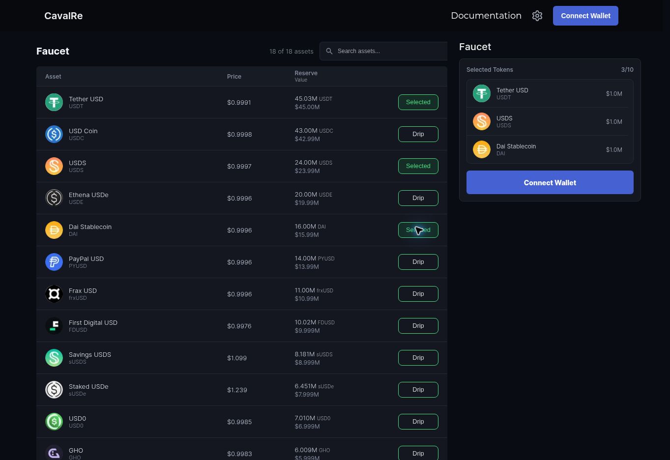 The Faucet with three demonstration assets selected and ready for wallet connection