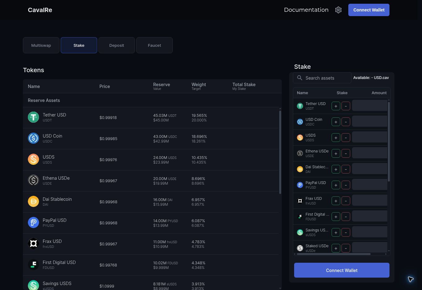 The Stake view with Reserve Assets on the left and stake or unstake controls on the right